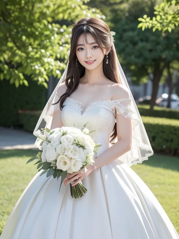 Photo-realistic quality、a woman in a Wedding dress holding a bouquet of flowers、Standing in front of the church、20 year old Japanese model、白のWedding dress,Hanae Mori style wedding dress、Japan idols at 20 years old、lace prom dresses、looking at the camera、Detailed and beautiful eyes、Cute smile、Relaxed and gentle expression、a close up of a woman in a Wedding dress holding a bouquet, Wedding dress, So magical and dreamy、Blur the background a lot、300ｍｍ F2.Shot with 8 lenses