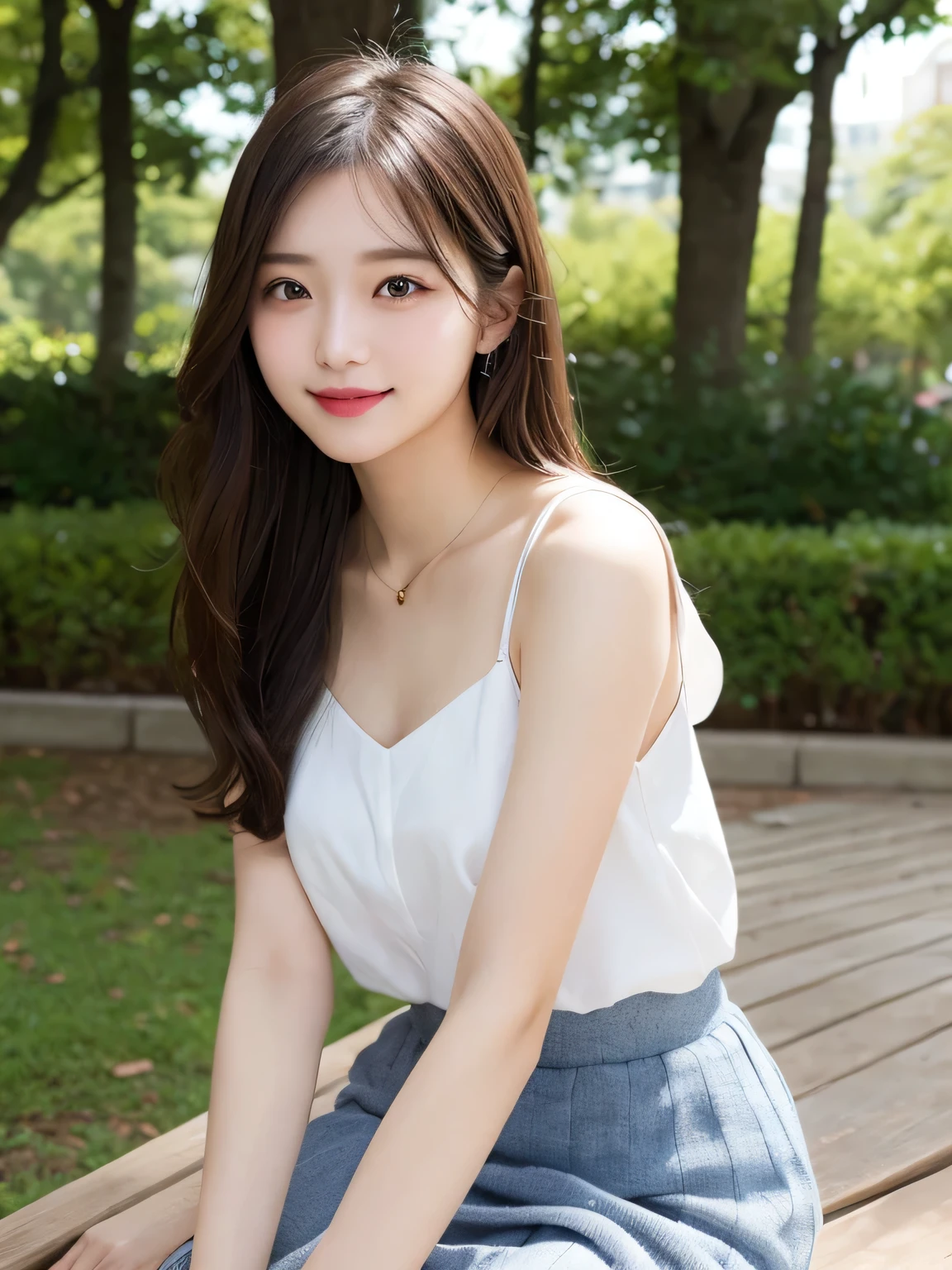On the table, best quality, illustration, Super detailed, fine details, High resolution, 8k wallpaper, Perfect dynamic composition, Beautiful and delicate eyes, Dores, medium long hair, Small chest, Natural color lips, Casual and sexy pose,Smile, Blurred park background、20 year old girl、huge 、Too much exposure、Dress with a short skirt, Double tail, Half-length photo