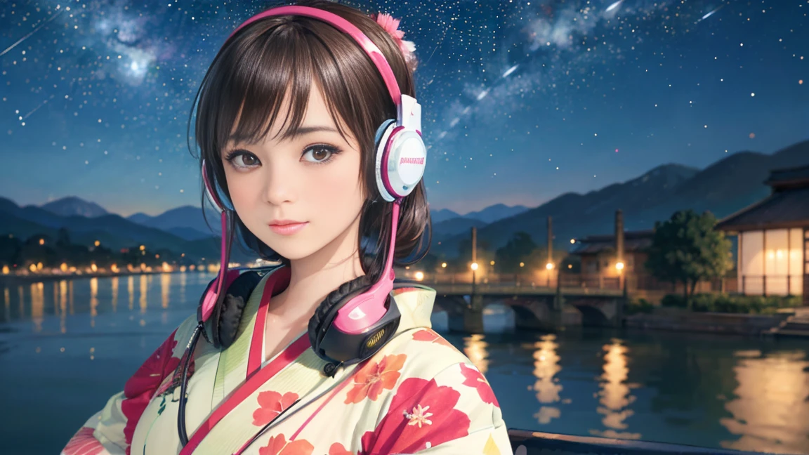 (Highest quality, 8k, masterpiece, High resolution), (whole body), Vibrant colors, ((headphones, wearing headphones)), Brown-black bob, Traditional round topknot, Ample breasts, (Highly detailed face and eyes, Beautiful Face, Beautiful Eyes, Beautiful nose, Pretty lips), (Beautiful woman standing on a riverside observation deck), A friendly gaze, Oh! Facial expression that, (Vivid floral patterned kimono), Official Art, The background is a wide river, Nearby bridge, Riverside streetscape, Mountains in the distance, ((night, starry sky)), Detailed CG,