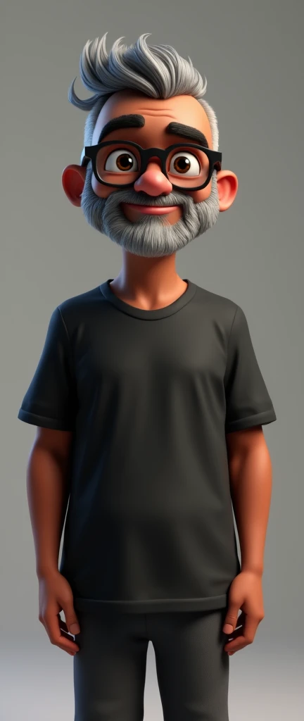 Cartoon character of a middle-aged black man with very short hair, wearing black glasses. Stylized character, animation-style rendering, 3D stylized rendering, Arnold Maya render, 3D stylized render, toon Keyshot render, 3D character, 3D stylized rendering, cartoon character, character close-up, character pose, Pixar style, high quality, cinematic lighting, sharp focus, detailed texture, detailed skin, clay, bokeh, 8K. The man should have the following characteristics: A middle-aged man with a broad build and a slight overweight, casually relaxed hands. His skin tone is dark brown with a warm undertone. He has only two prominent vertical wrinkles between his eyebrows. His beard is very short, trimmed, and sparse, with more white hairs on the chin and the rest being dark gray. His hair is gray, extremely short on top, styled to the right side, and shaved on the sides. He wears modern black glasses. His eyebrows are thick and well-defined, and his eyes are very dark brown, conveying warmth and friendliness. The man is dressed in an oversized black t-shirt and dark gray pants without a belt. Incorporate the following ancestry characteristics: 43% European (17% Iberian and 17% Western European, including Germany, France, and the Netherlands), 4% Sephardic Jewish, 3% Fennoscandian, less than 2% Balkan and Lapland and Volga-Ural, 41% from the Americas, 9% from the Middle East and Maghreb, and 7% from Africa.