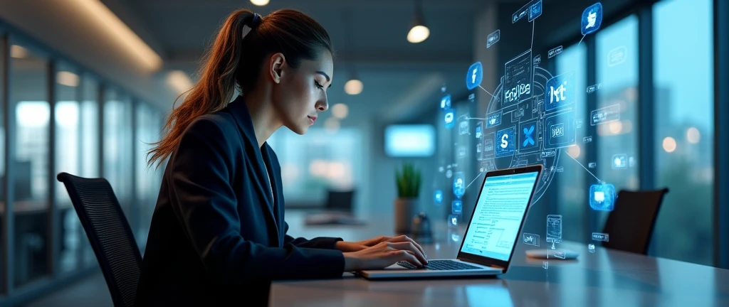 tech-savvy professional, focused men, modern office environment, laptop screen displaying project data, augmented reality social media icons, internet of things concept, connected devices, digital overlay, natural lighting, subtle shadows,