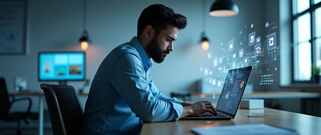 tech-savvy professional, focused men, modern office environment, laptop screen displaying project data, augmented reality social media icons, internet of things concept, connected devices, digital overlay, natural lighting, subtle shadows,