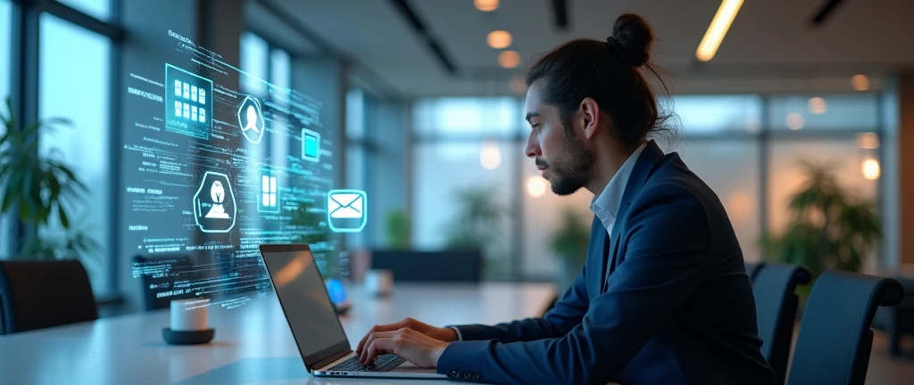tech-savvy professional, focused men, modern office environment, laptop screen displaying project data, augmented reality social media icons, internet of things concept, connected devices, digital overlay, natural lighting, subtle shadows,