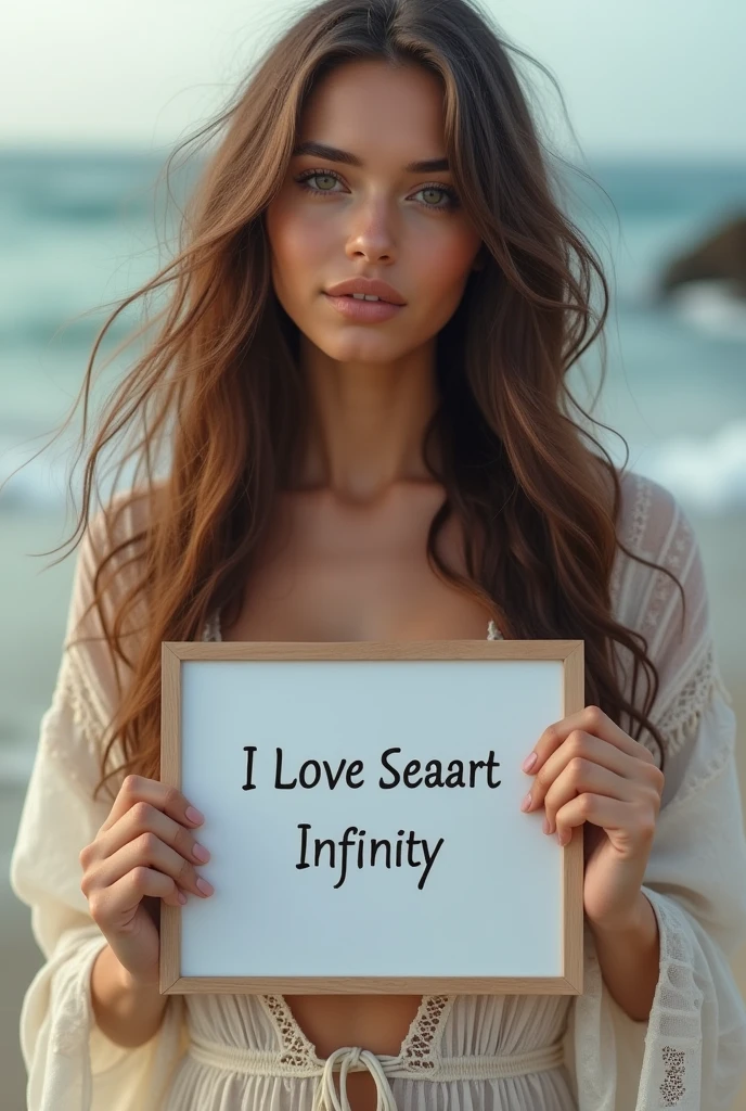 Beautiful girl with wavy long hair, bohemian dress, holding a white board with text "I Love Seaart Infinity" and showing it to the viewer