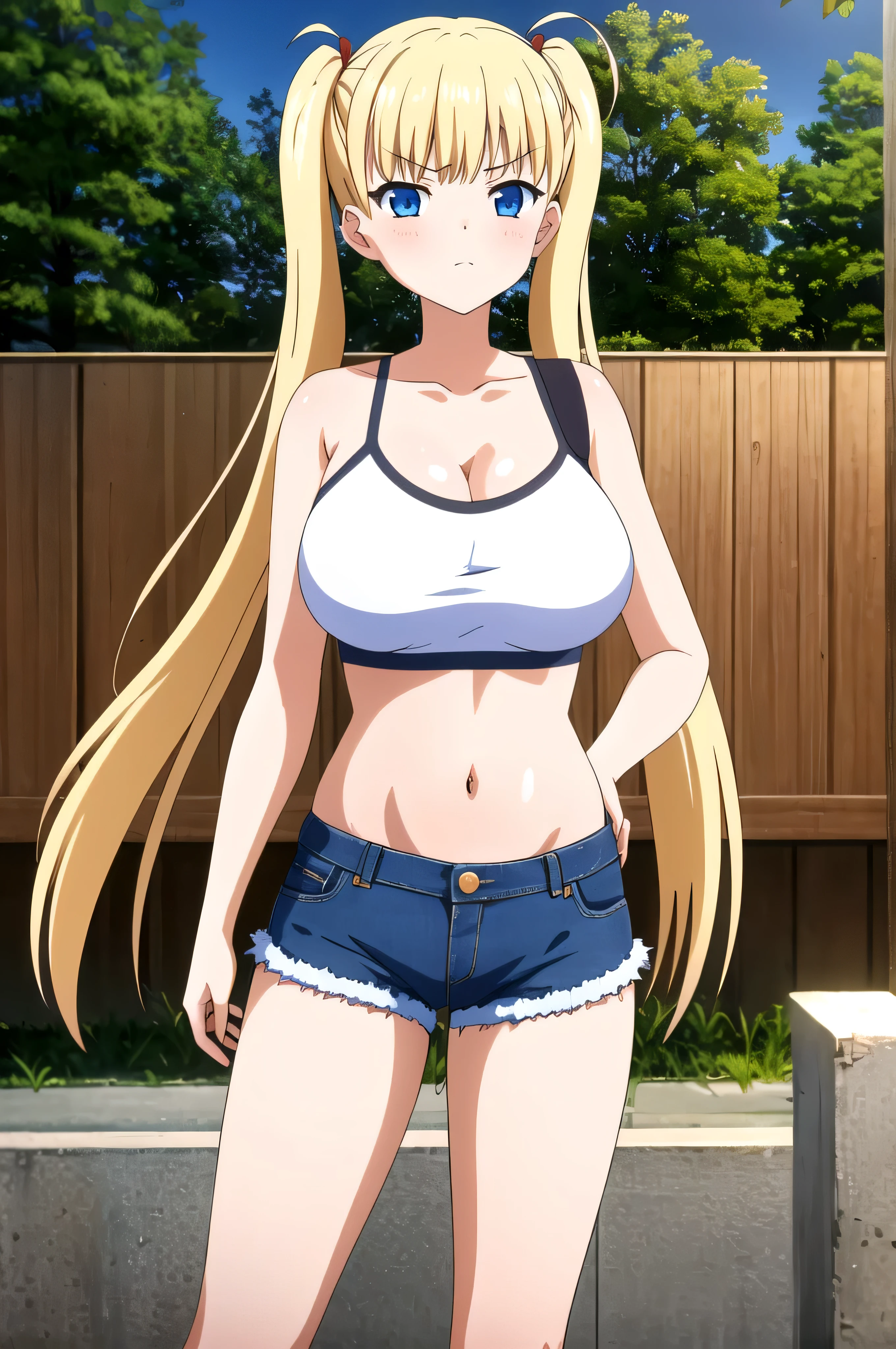 girl，（masterpiece，Highest quality），Street，(Brown Skin)，(Completely naked)，Bare shoulders、Gal、Blonde、smile、passionate、Swimwear，long hair、(Underboob)，Big Breasts，Cleavage，Mini Camisole、looking at the camera、shoeicro Mini Denim Shorts(Open button)，solo、Are standing、barefoot，