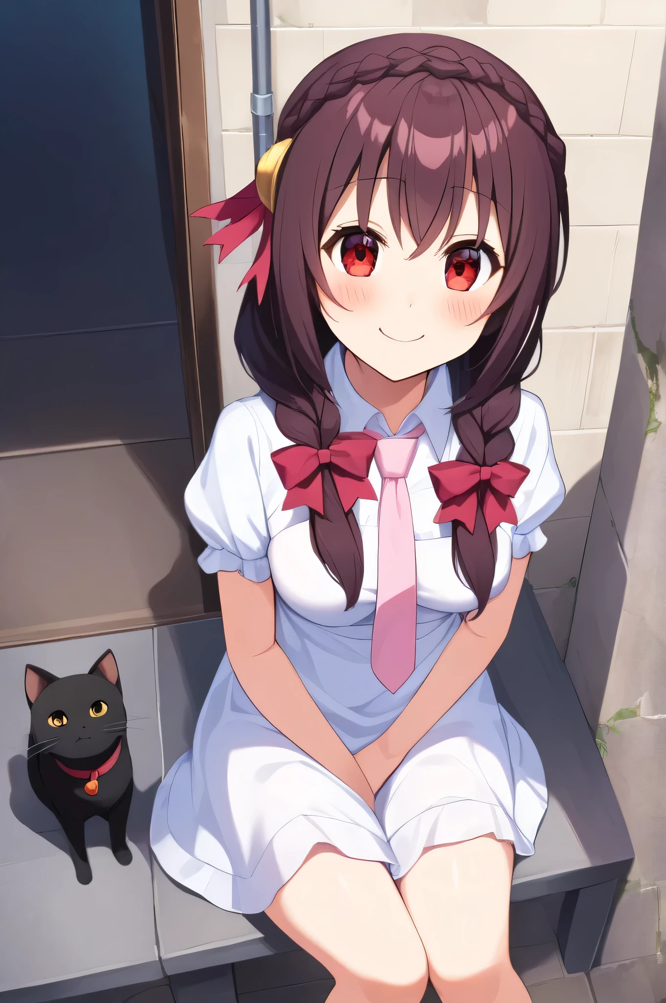 alone, One girl sitting, Yunyun, (smile:1.5)、 (blush:1.5)、Crown braids of the same color as your hair, Red Eyes、hair ornaments, Hair Ribbon, Pink tie, White dress,  alley、(See a black cat and feed it)、heart