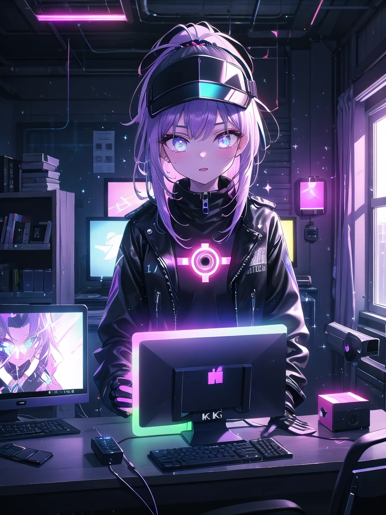 ((8k, Highest quality, masterpiece: 1.3)),Ultra-high resolution,(1 girl, alone), (Color changing eyes, Ultra-detailed, Expressive brilliance, Glitter, Glowing Eyes), Highly detailed eyes, Highly detailed face, Random Hair, ((pastel colour)),A confident young woman with pastel purple hair styled into a sleek ponytail, standing in front of her desk in her tidy room. The afternoon sun streams in through the window, illuminating the room in a bright, natural light. She is dressed in a cyberpunk hacker cosplay, wearing a black leather jacket with neon blue accents, a high-tech visor, and fingerless gloves. The camera captures her from a frontal angle as she types rapidly on a holographic keyboard, her face lit by the glow of multiple screens on her desk. The room is filled with tech gadgets, glowing LED strips, and a futuristic-looking chair, emphasizing the cyberpunk theme.