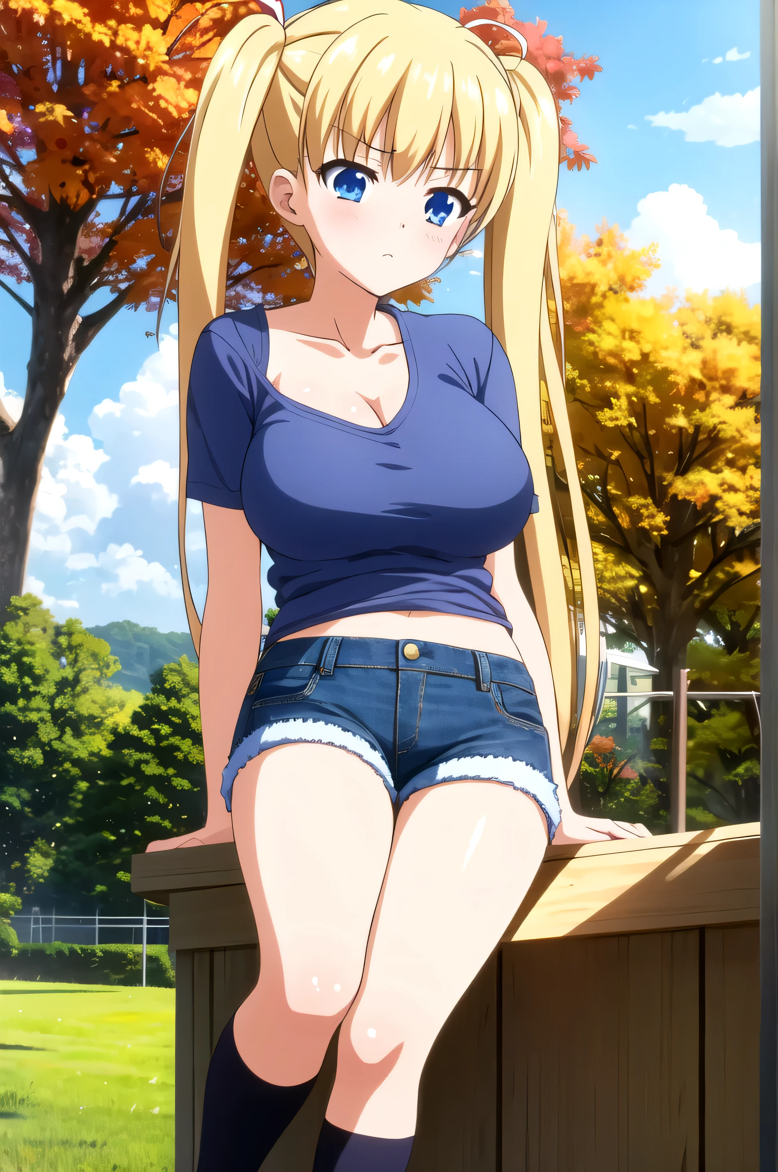 (masterpiece, Best Quality:1.2), absurdities, perfect anatomy, 1 girl, looking at the viewer, blunt bangs, outdoor, autumn, rosa \, ( Denim shorts:1.1), Focus only, Soft lighting, public park, (blue eyes), blonde hair, very long hair, twintails, Airi Akizuki, big breast,