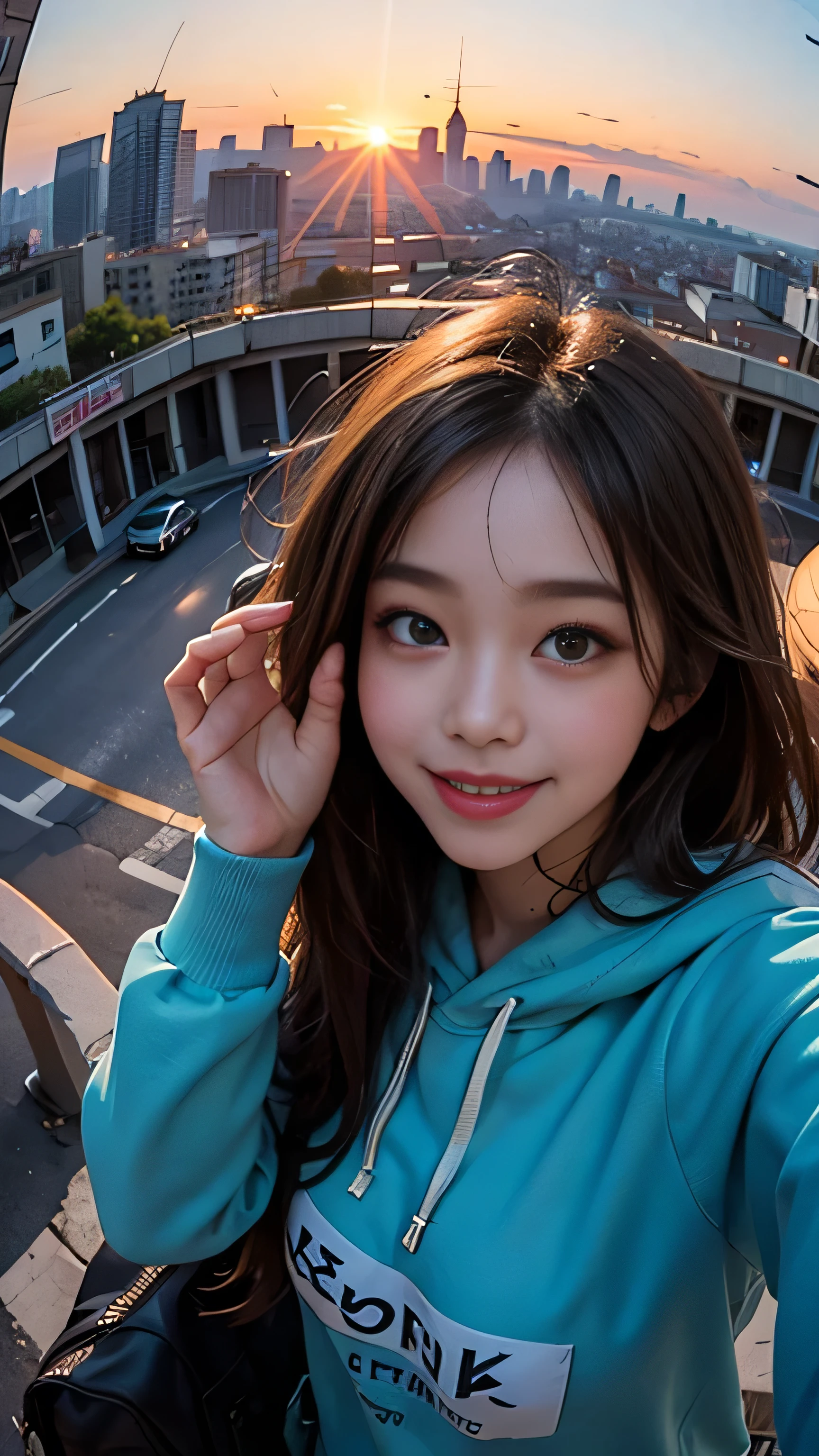 One girl, Korean, Fisheye Lens, Selfie, Wind, Messy Hair, sunset, Cityscape, (Aesthetics and atmosphere:1.2),smile
