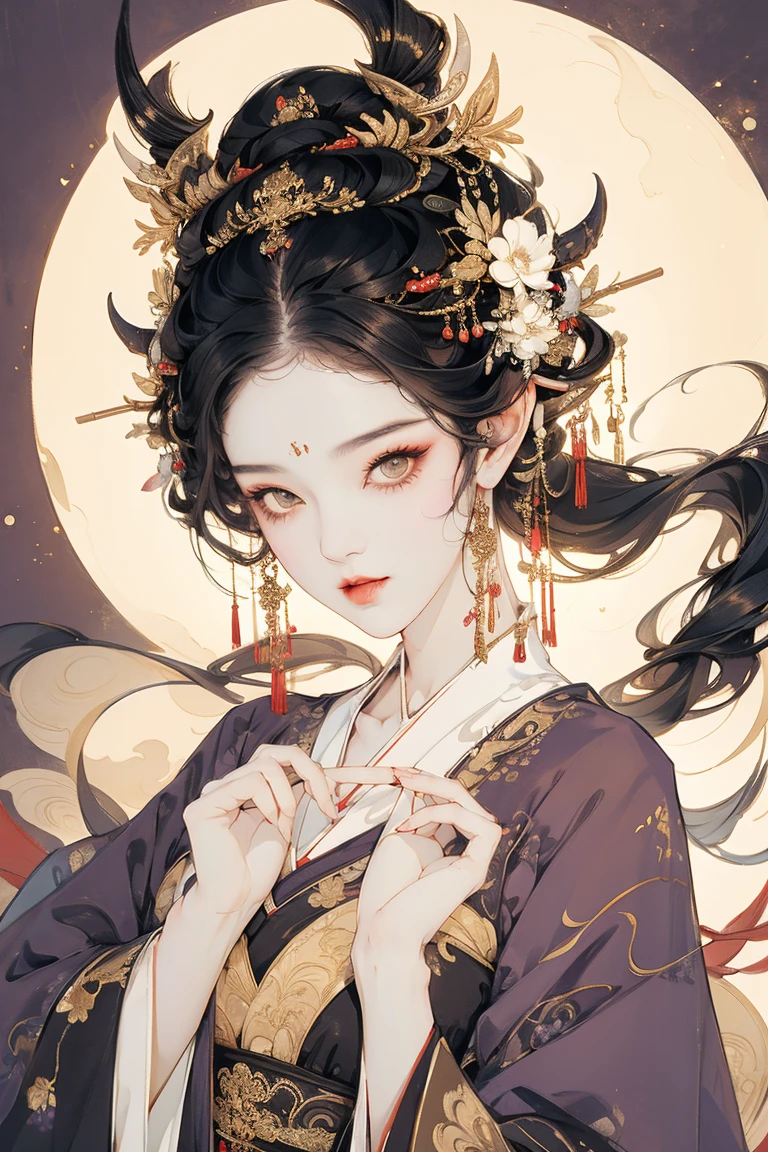 Spirit girl, sexy, bright eyes, black hair, two horns, look at viewer, beatiful girl, seductive gaze, sexy pose, golden eyes, eyeliner, chinese purple clothing, perfect girl, bauty girl, sexy girl, good body.