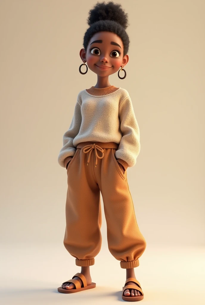 A highly detailed 3D African American woman. Full body image. Pixar, Disney like. Plain background. wearing cute sweater, harem pants and sandals. She has a cute head sock on the head