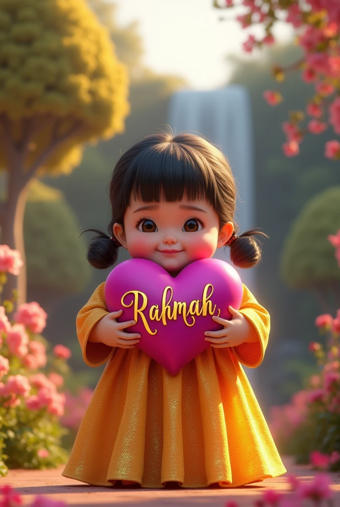 Create a very realistic image of a beautiful 3D little chubby young girl in a bright shiny golden dress holding a shiny bright magenta heart with 3D gold letters “RAHMAH” in cursive font., calligraphy letters, bright colorful garden background , colorful flowers and trees, waterfall, lightning light reflection studio hyperrealism ultra HD 64k