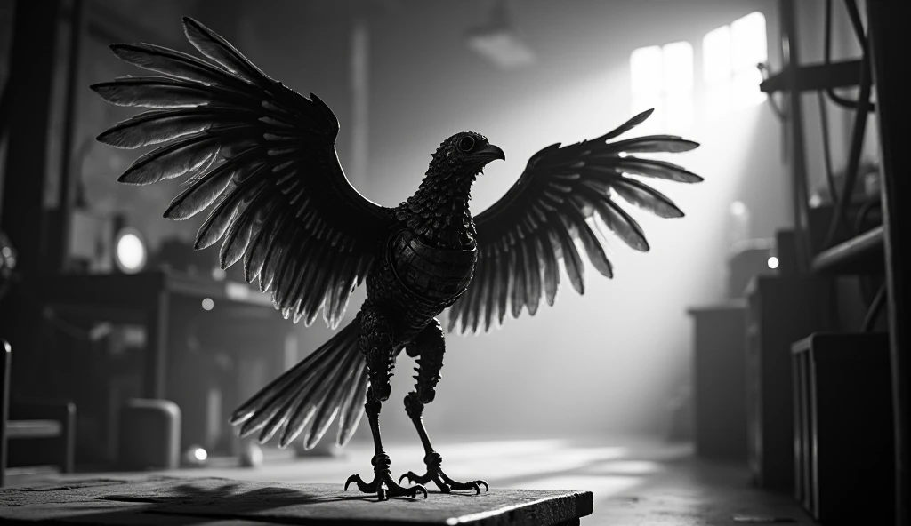 Black and white action shot of a mechanical bird, with metallic feathers and gears, springing to life and flapping wings, full body framing, chaotic laboratory setting, dramatic backlight creating silhouette, Dutch angle, on a RED digital cinema camera with motion blur effect, (high speed capture:1.4), (grayscale:1.5), in the style of (German Expressionist cinema:1.5)