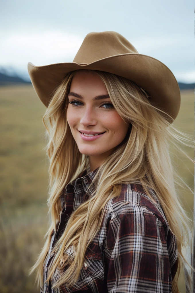 a close up of a woman wearing a hat and a plaid shirt, cowgirl, cow-girl, western cowgirl, female cowgirl, 🐎🍑, brown-blond-hair pretty face, wearing a cowboy hat, beautiful cowboy witch, beautiful blonde girl, detailed perfect face, wearing cowboy hat, beautiful model, blonde woman, a gorgeous blonde, portrait rugged girl, white hair, big smile