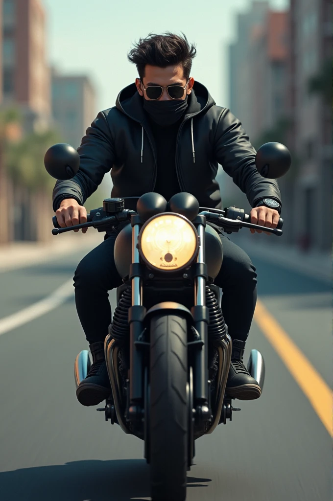 Bullet ride karte hawe ek ladka rang gora ankho PE kala chasma chahre pe black mask normal hair body normal hath me smart watch 