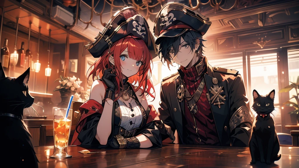 A female pirate captain is on a ship, drunk and in a good mood with a mug in her hand. The girl has short red hair and wears a pirate hat. She wears a saber and a pistol on her waist, and is dressed like a pirate. A black cat is sleeping on the table where the girl is drinking. The black cat is curled up.