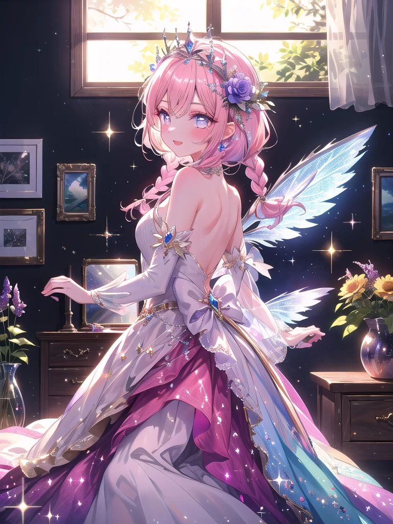 ((8k, Highest quality, masterpiece: 1.3)),Ultra-high resolution,(1 girl, alone), (Color changing eyes, Ultra-detailed, Expressive brilliance, Glitter, Glowing Eyes), Highly detailed eyes, Highly detailed face, Random Hair, ((pastel colour)),A lively young woman with pastel pink hair styled into twin braids, sitting at her vanity in her room as she excitedly prepares for a cosplay event. The midday sun shines brightly through the window, casting a cheerful light over the room. She is dressed in a fairy princess cosplay, wearing a sparkling silver dress with wings attached to the back and a flower crown on her head. The camera captures her from a side angle as she applies glittery eyeshadow, her eyes wide with anticipation. Her room is filled with various makeup products, a large mirror surrounded by lights, and a few posters of fantasy landscapes on the walls.