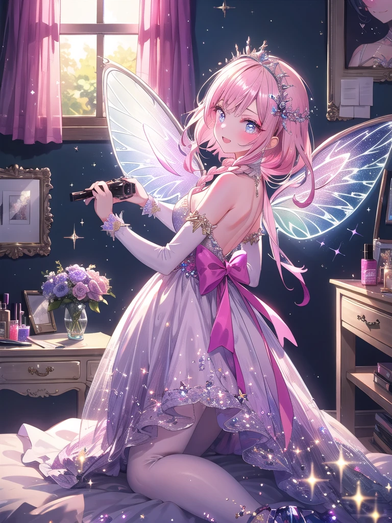((8k, Highest quality, masterpiece: 1.3)),Ultra-high resolution,(1 girl, alone), (Color changing eyes, Ultra-detailed, Expressive brilliance, Glitter, Glowing Eyes), Highly detailed eyes, Highly detailed face, Random Hair, ((pastel colour)),A lively young woman with pastel pink hair styled into twin braids, sitting at her vanity in her room as she excitedly prepares for a cosplay event. The midday sun shines brightly through the window, casting a cheerful light over the room. She is dressed in a fairy princess cosplay, wearing a sparkling silver dress with wings attached to the back and a flower crown on her head. The camera captures her from a side angle as she applies glittery eyeshadow, her eyes wide with anticipation. Her room is filled with various makeup products, a large mirror surrounded by lights, and a few posters of fantasy landscapes on the walls.