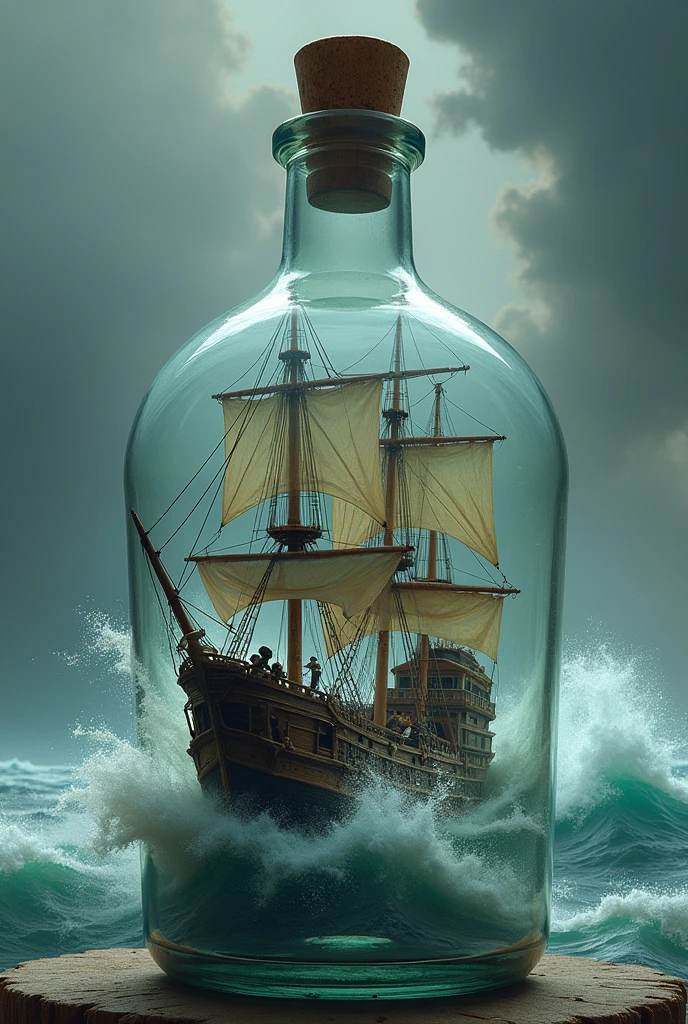 Inside an oval bottle hanging on its side, a pirate ship tries to untangle itself from the raging sea. 