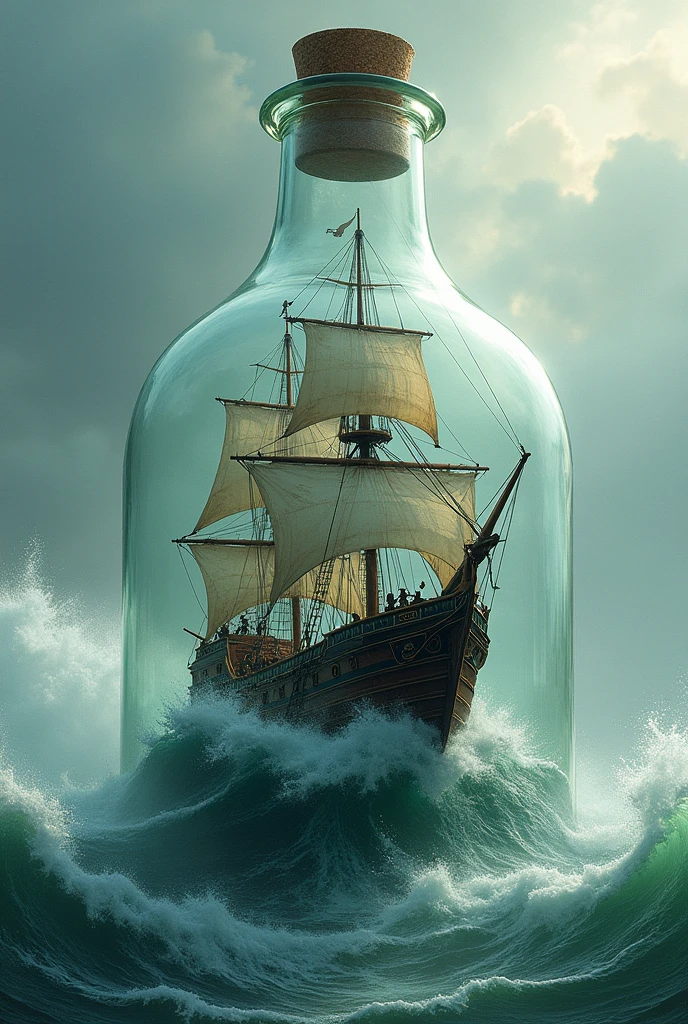 Inside an oval bottle hanging on its side, a pirate ship tries to untangle itself from the raging sea. 