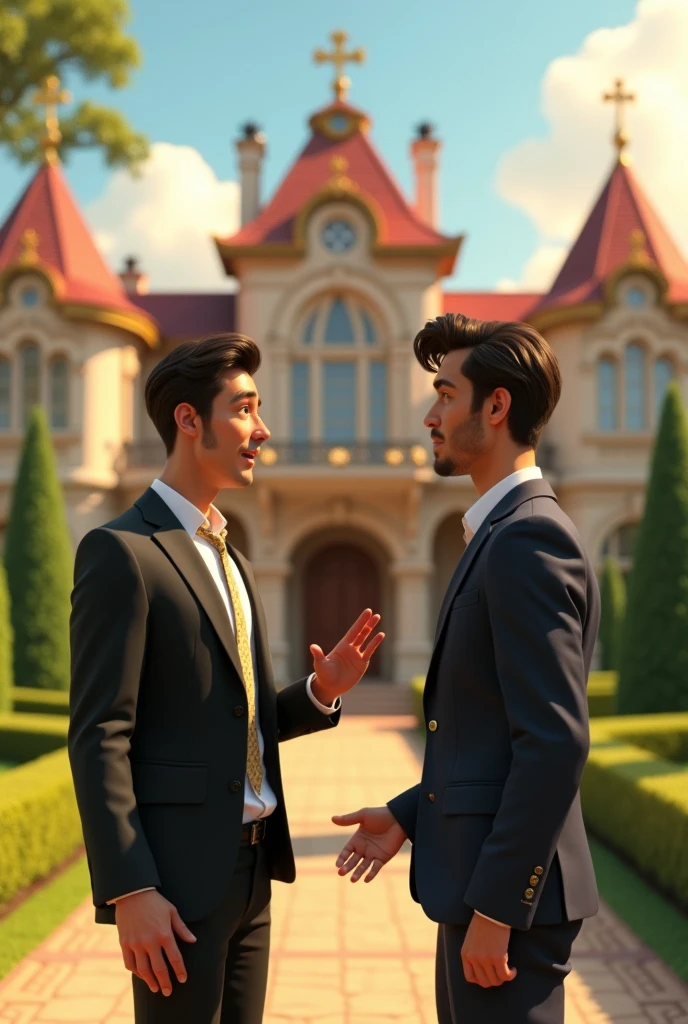 A handsome guy yelling to his father at fancy house, pixar style, 3d , high-aesthetic, cinematic, masterpiece
