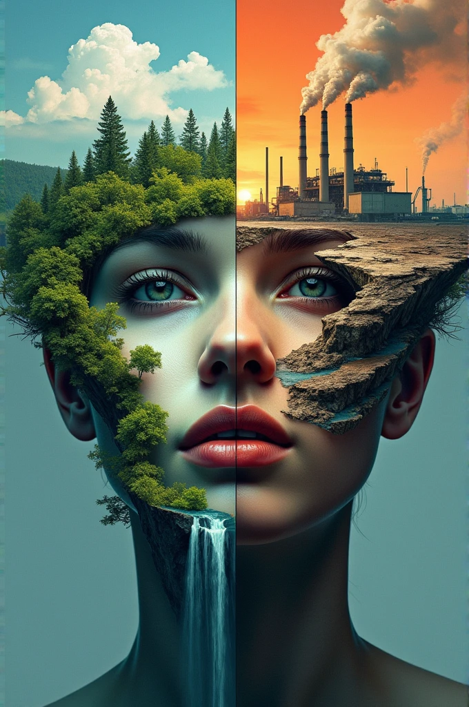 draw me a poster, (portrait) Left side of the face is a healthy environment with beutifull landscape and forest and the right side of the face is the opposite of it bad environment that has been developed by humans, manifacture(factories) and waste something like that