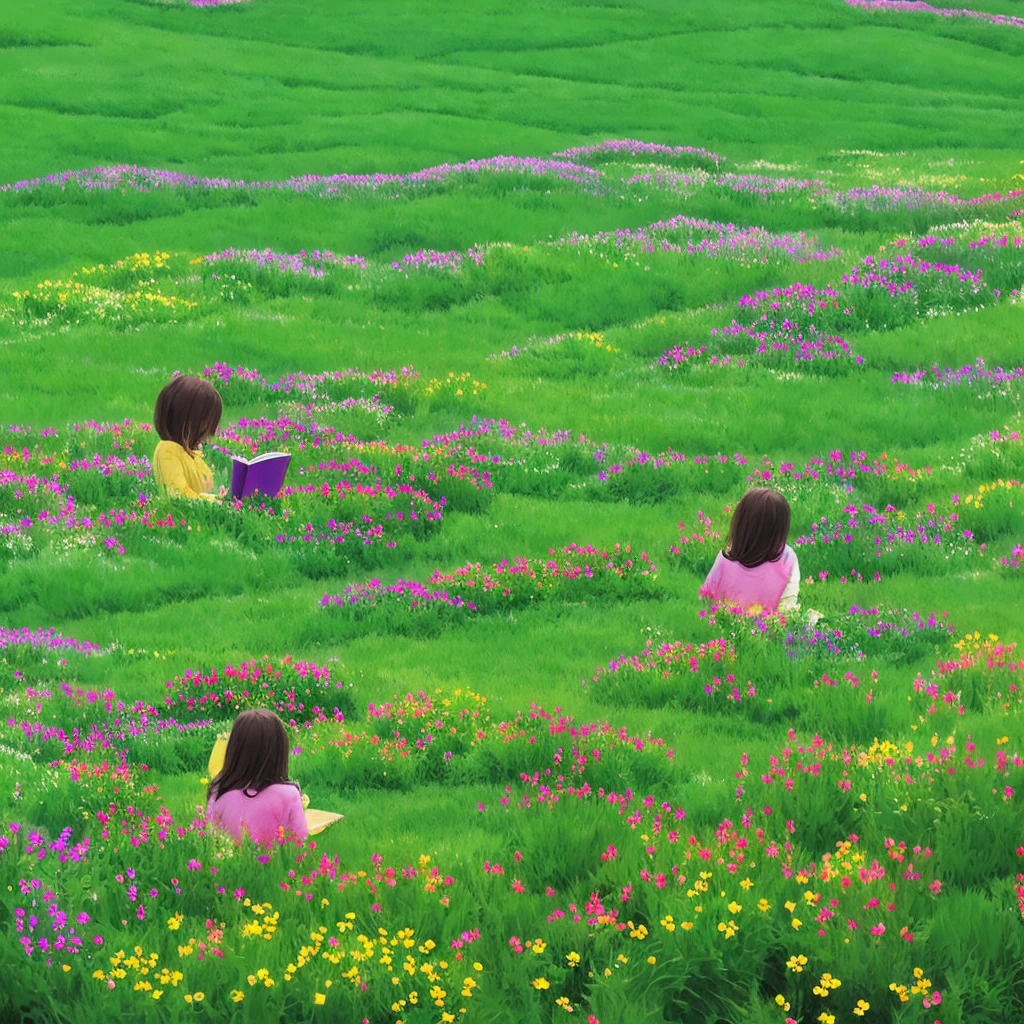 Background, field of flowers, one girl with brown hair is reading a book