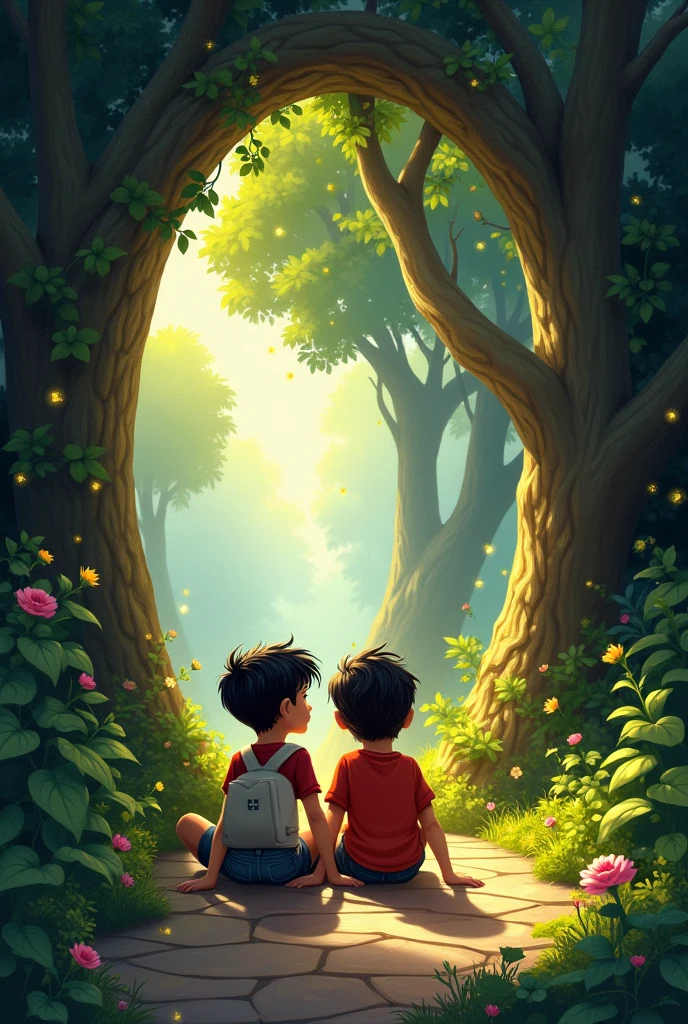 Tomás and Lucas leave the enchanted garden and sit near the entrance.