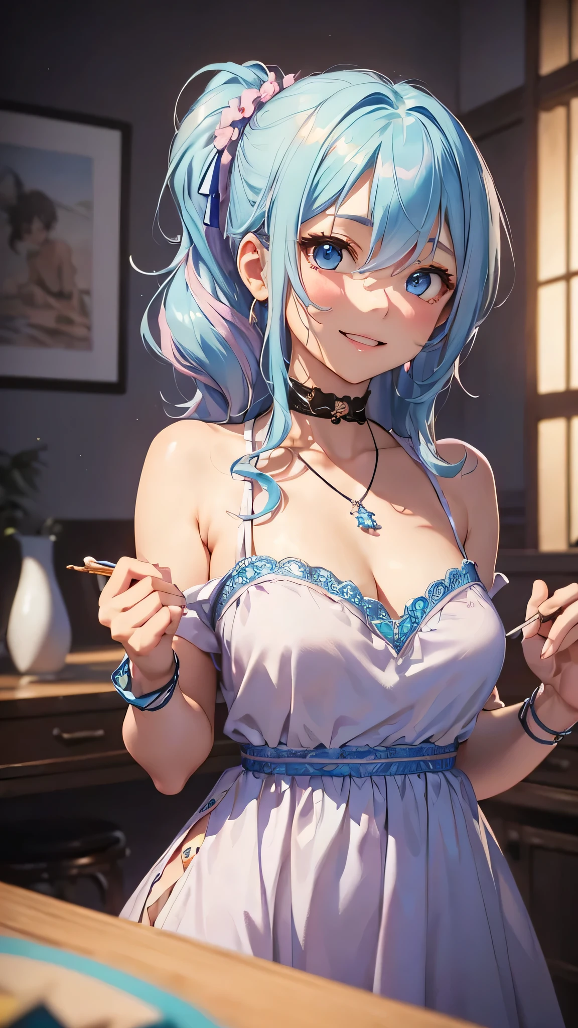 最high quality、Best image quality、masterpiece、With a girl((cute、18-year-old、Best Bust、Medium Bust、Beautiful Blue Eyes、Spread your chest wide,Pastel Hair、ponytail、Disheveled Hair、thin、Highest Valley、Pastel Dress、smile、necklace、Wristband、))high quality、Beautiful art、background((Pastel Room)),Tabletop、Exquisite design、Visual Arts、Written boundary depth、Best lighting、Highest detail、8k