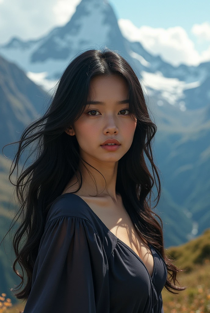 A beutiful girl beutiful face black hair at mountain and beautiful view