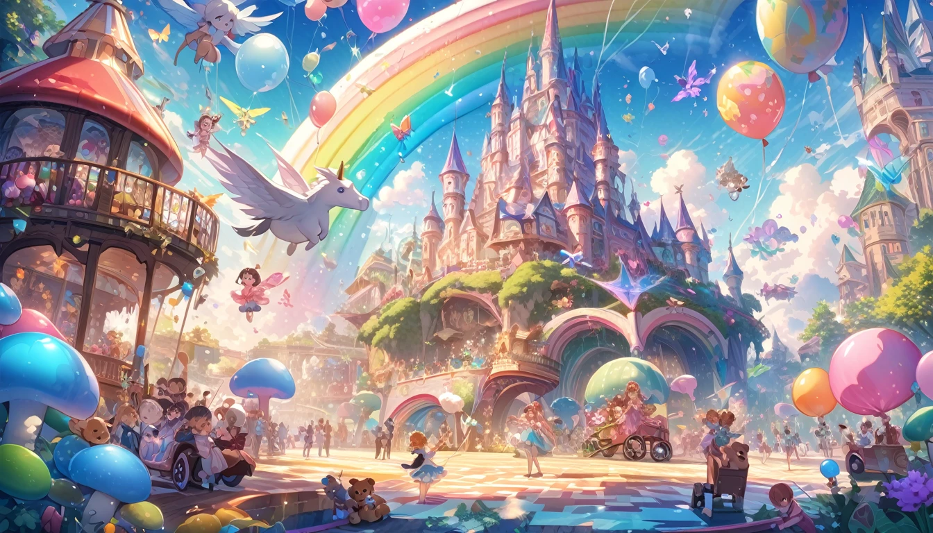 (best quality,4k,8k,highres,masterpiece:1.2),ultra-detailed,(dreamy and colorful picture),dreamy and colorful illustration,fantastic,fun and vibrant colors,playful and imaginative atmosphere,cute and adorable characters,whimsical and enchanting setting,magical and surreal elements,underwater world with friendly creatures,sunlit forest with talking animals,children having fun in a giant candyland,floating islands in the sky with rainbow bridges,castle made of candy and chocolate,unicorn flying over a rainbow,dream-like clouds in the sky,fairy dust and sparkles,floating bubbles and balloons,exquisite attention to details,beautifully rendered textures and lighting,storybook-like style,joyous and lively ambiance,expressive and animated characters,happy and smiling faces,ballet dancers in colorful tutus,"balloon animals","cotton candy","carousel rides","magical wands","glittering stars","butterflies and fireflies","lollipops and ice cream cones","giant mushrooms and talking trees","toy cars and playful robots","teddy bears and dolls","rainbow kites and flying elephants","little pirates and princesses","superheroes and fairies".