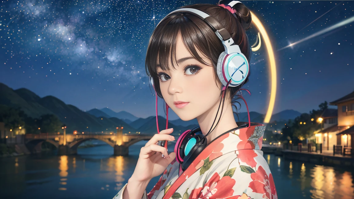 (Highest quality, 8k, masterpiece, High resolution), (whole body), Vibrant colors, ((headphones, wearing headphones)), Brown-black bob, Traditional round topknot, Ample , (Highly detailed face and eyes, Beautiful Face, Beautiful Eyes, Beautiful nose, Pretty lips), (Beautiful woman standing on a riverside observation deck), A friendly gaze, Oh! Facial expression that, (Vivid floral patterned kimono), Official Art, The background is a wide river, Nearby bridge, Riverside streetscape, Mountains in the distance, ((night, starry sky)), Detailed CG,
