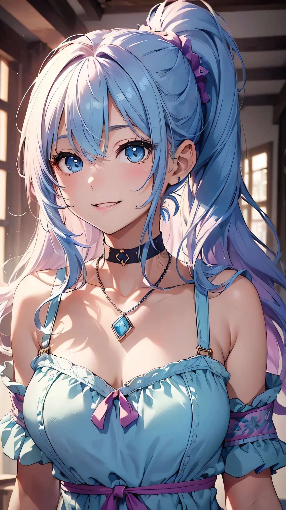 最high quality、Best image quality、masterpiece、With a girl((cute、18-year-old、Best Bust、Medium Bust、Beautiful Blue Eyes、Spread your chest wide,Pastel Hair、ponytail、Disheveled Hair、thin、Highest Valley、Pastel Dress、smile、necklace、Wristband、))high quality、Beautiful art、background((Pastel Room)),Tabletop、Exquisite design、Visual Arts、Written boundary depth、Best lighting、Highest detail、8k