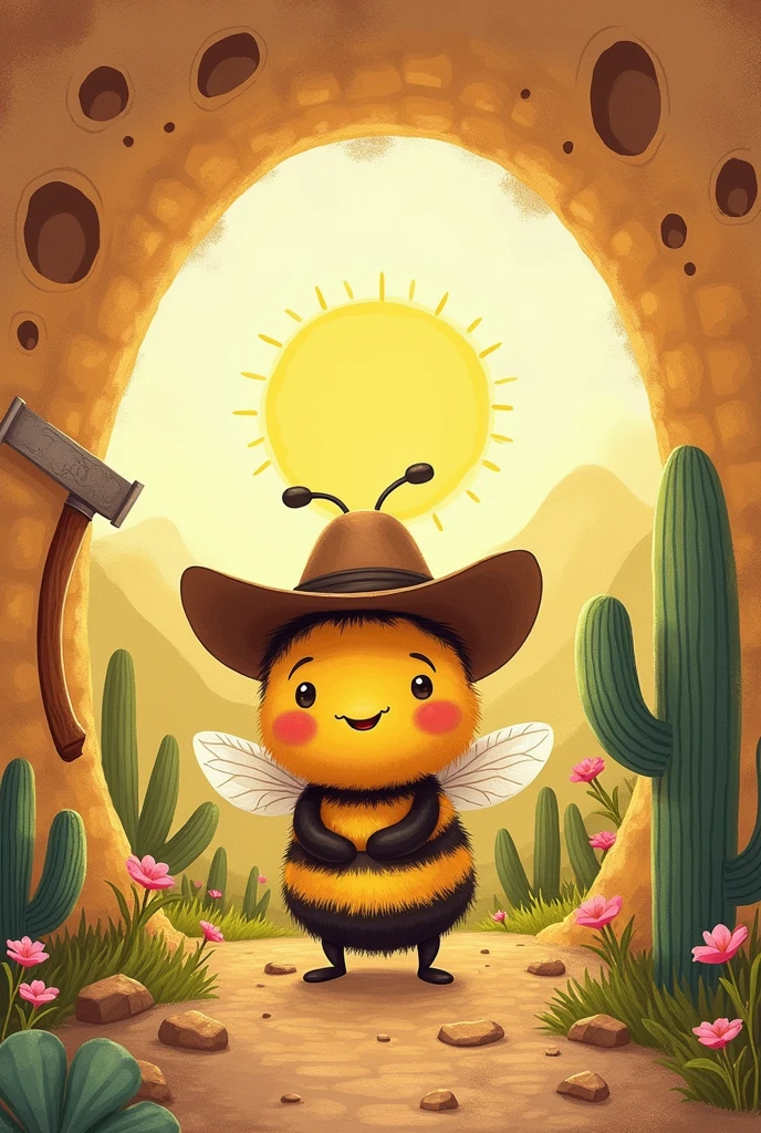 Create an ultra-realistic drawing of an Africanized bee , with a cowboy hat, inn in a honeycomb. The bee should have a friendly smile and folded wings, transmitting tranquility. Ao fundo, a stylized saw, with the sun rising, pink flowers, roxas, white and yellow , carnaúba tree and a cactus which are typical plants of the sertão complementing the landscape . Colors should be soft and harmonious, creating a cozy atmosphere. The words 'The honey of the backlands in every drop' ( In Portuguese Brazil)' must have a handwritten font, giving a personal touch to the logo."