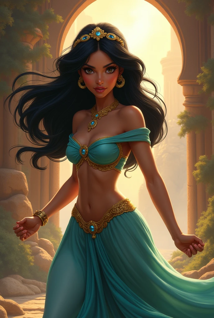 Stunning Princess Jasmine, photo in 8k, in action, cinematic.