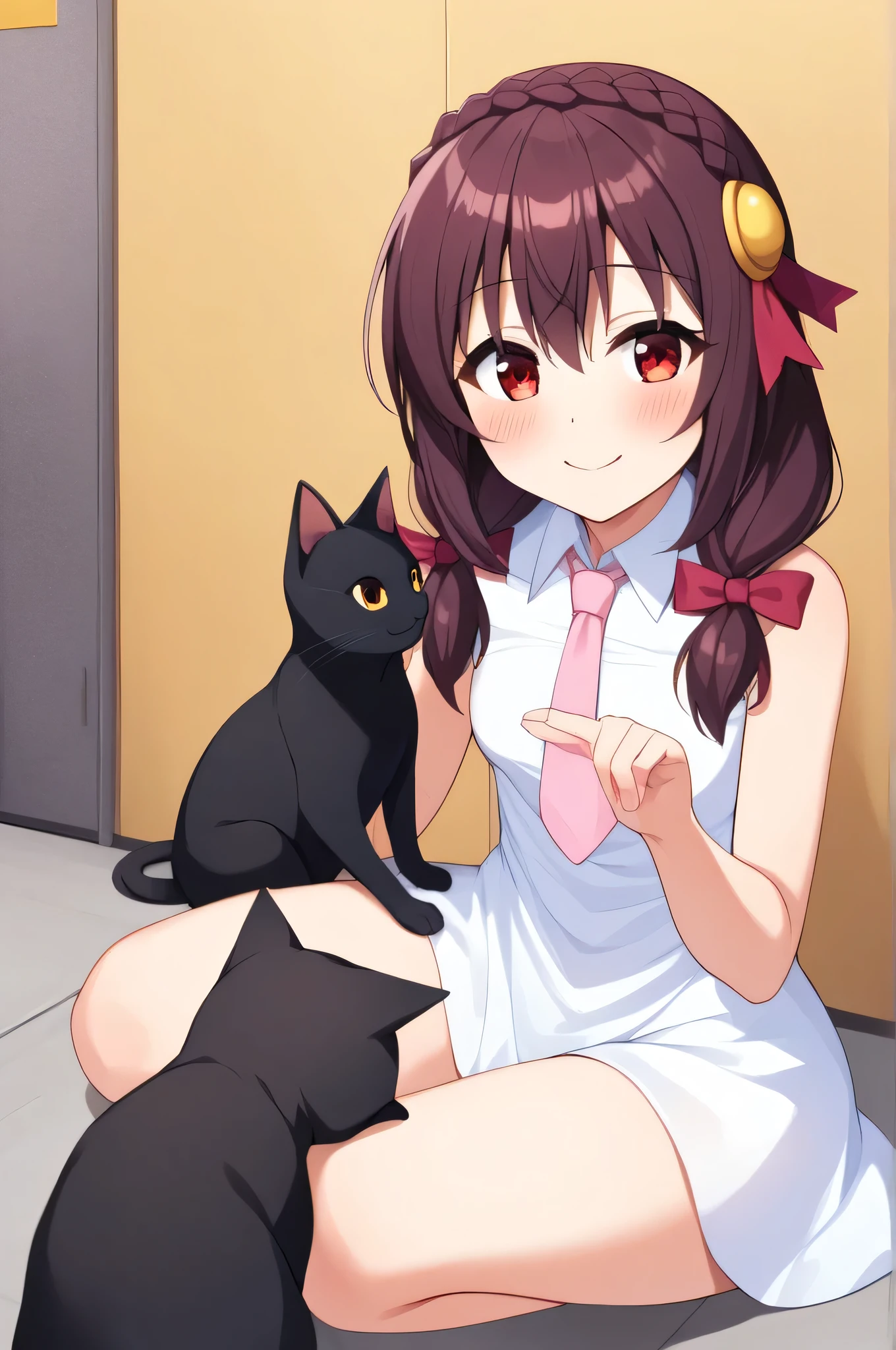 alone, A girl sitting in a sports position, Yunyun, (smile:1.5)、 (blush:1.5)、Crown braids of the same color as your hair, Red Eyes、hair ornaments, Hair Ribbon, Pink tie, White dress, alley、(See a black cat and feed it)、heart、Triangle sitting
