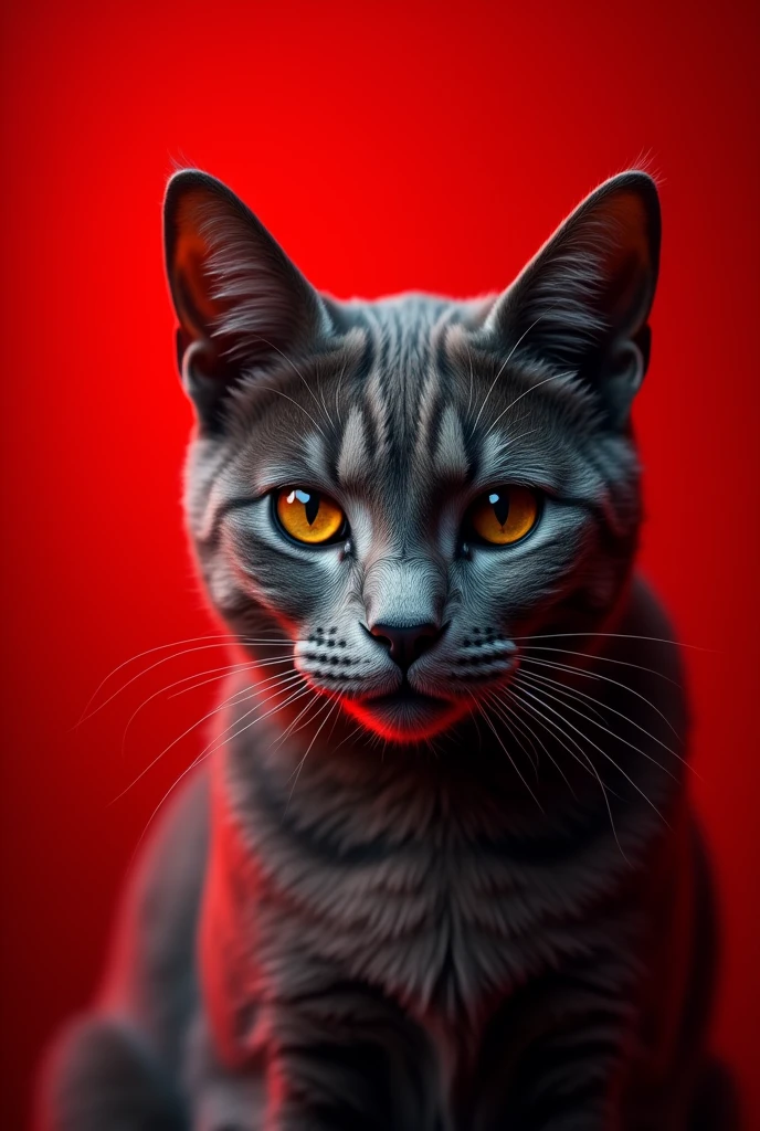 Image of a cat's face with a red background 

