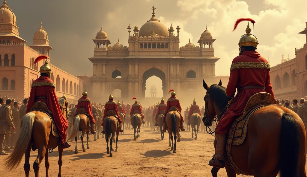 Mughals raiding the Somnath Temple, with soldiers carrying away temple treasures and relics.