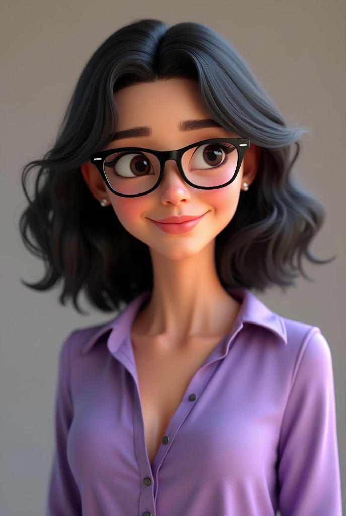 Pixar 3D model woman with purple blouse black hair wearing glasses