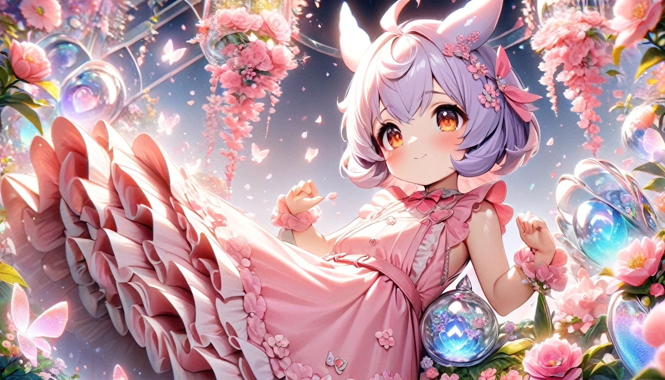 (absurdres, highres, ultra detailed, HDR) master piece, best quality, perfect face, Sigewinne, light-purple hair, expressive orange eyes, genshin impact, small girl, cute, pink dress, pink flowers, glass pink petals, glass pink butterflies, glass garden, glass blossoms, everything made with glass, pink gemstones
