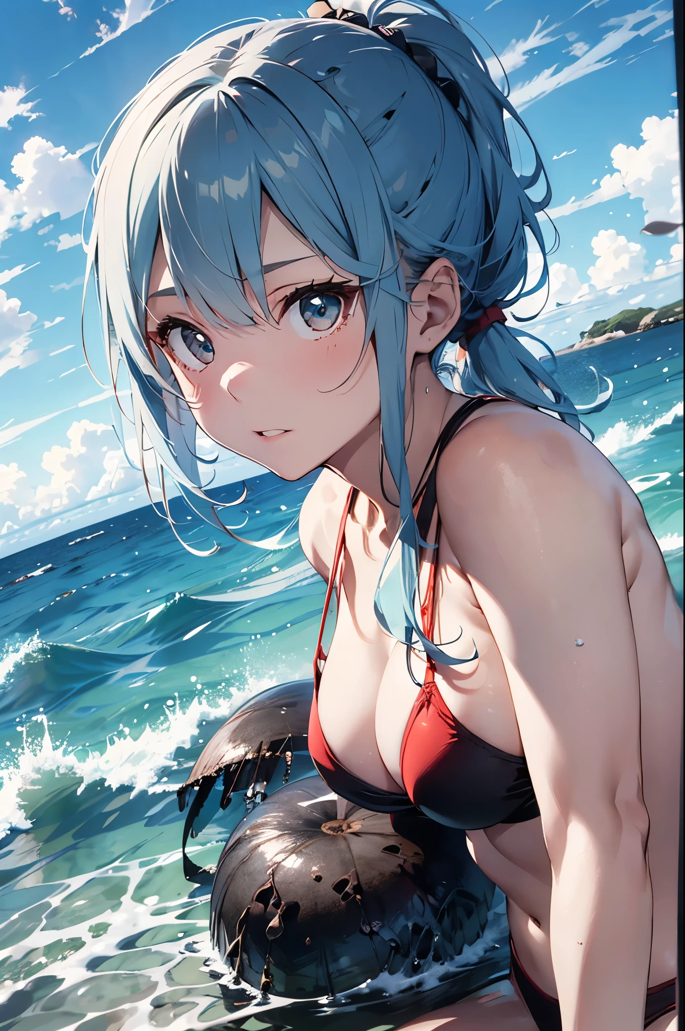 High resolution,topless、
One beautiful young woman,Light blue hair、ponytail、
(Soft Saturation:1.3), (Fair skin:1.2),
(ultra-Detailed Background, Detailed Background), Bokeh,
break&#39;Portrait of a smiling girl.,
When viewed from the front, The composition is symmetrical,
Looking straight at you with serious eyes,
break Swimwear, Red Bikini, Center of chest, 
Outdoor, Sea surface, null, sunlight,Summer beach, Sandy Beach,
Strong light, Front lighting, 
(Teen:1.3), (Cowboy Shot:1.2),
Front brake angle,
View your audience,
Dynamic pose,
sitting on the beach

Seaweed、Seaweed、Seaweed、Seaweed、Seaweed、Seaweed、Seaweed、