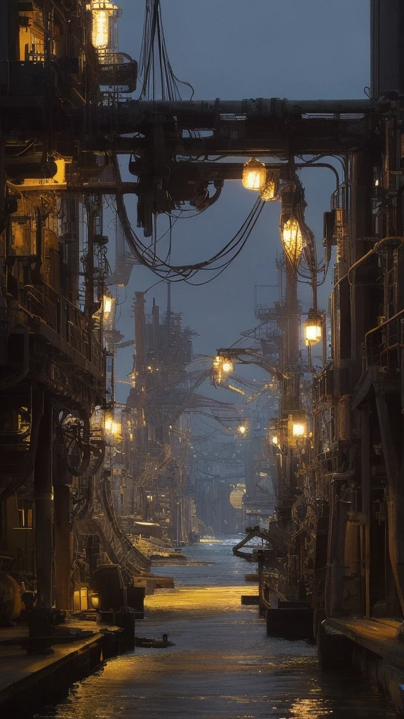 Background only、Factory night view from the sea、Shining、Pipes cross、Pale white light、Looks like a photo、future的な工場、See the full picture、future、Beautiful lighting、Steampunk Style