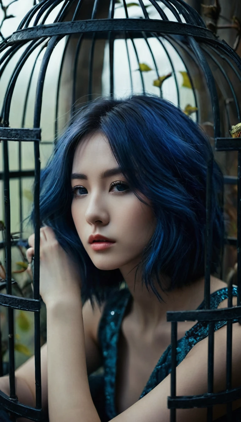Close up to the eyes Image of a shoulder length blue hair beautiful girl sitting on the sofa inside the bird cage, forests of clocks interspersed with forests of thorns, dark, gloomy, mysterious but full of magic, shimmeringly beautiful, in the distance there is a giant birdcage surrounded by climbing black roses, , cinematic color, 16K, UHD, K-Pop Style