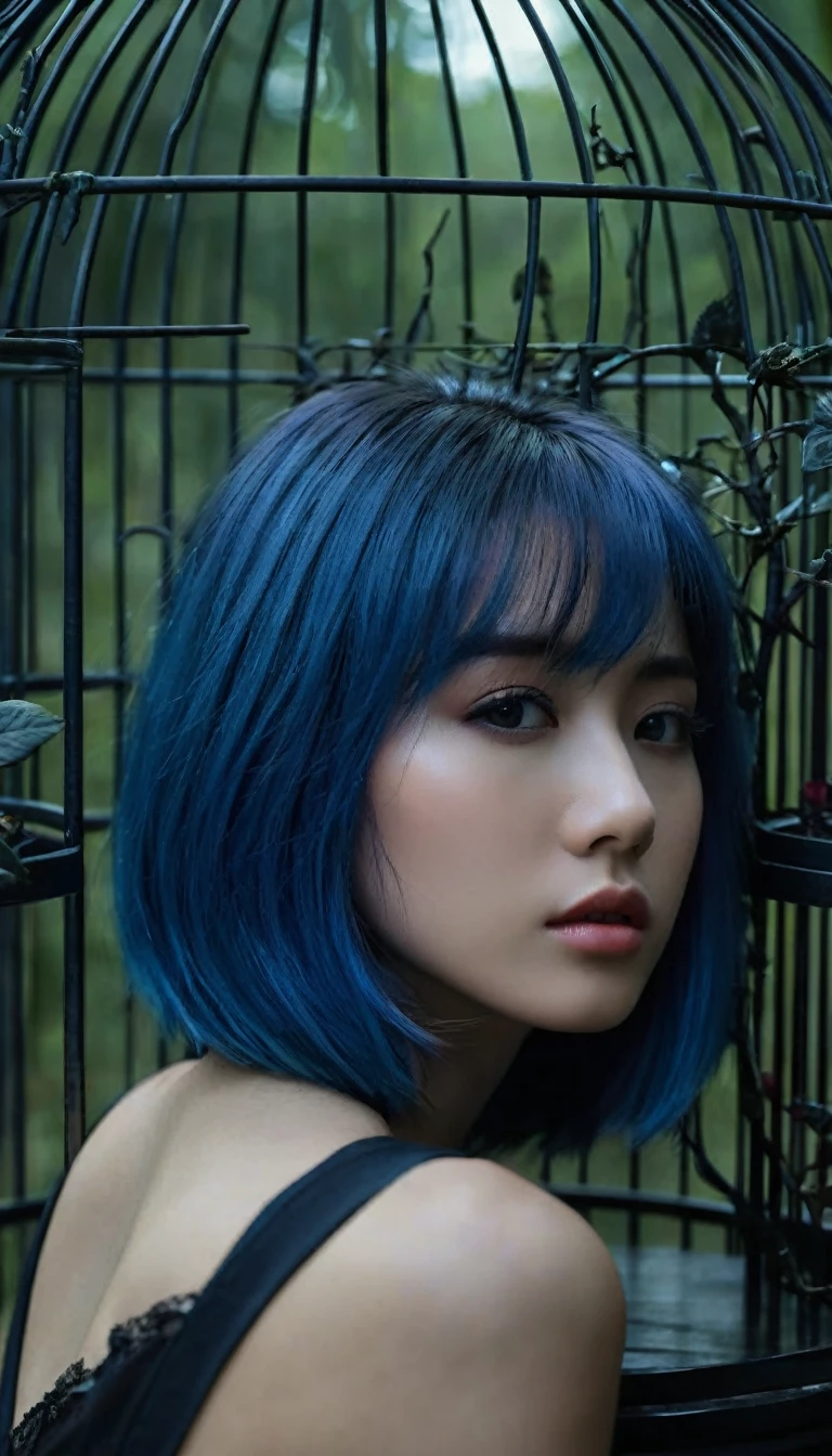 Close up to the eyes Image of a shoulder length blue hair beautiful girl sitting on the sofa inside the bird cage, forests of clocks interspersed with forests of thorns, dark, gloomy, mysterious but full of magic, shimmeringly beautiful, in the distance there is a giant birdcage surrounded by climbing black roses, , cinematic color, 16K, UHD, K-Pop Style