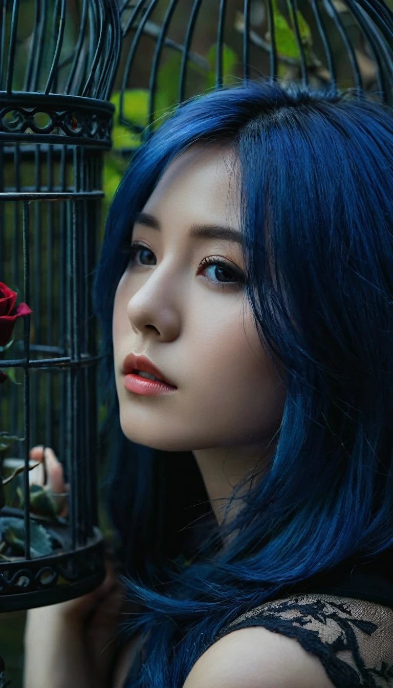Close up to the eyes Image of a shoulder length blue hair beautiful girl sitting on the sofa inside the bird cage, forests of clocks interspersed with forests of thorns, dark, gloomy, mysterious but full of magic, shimmeringly beautiful, in the distance there is a giant birdcage surrounded by climbing black roses, , cinematic color, 16K, UHD, K-Pop Style
