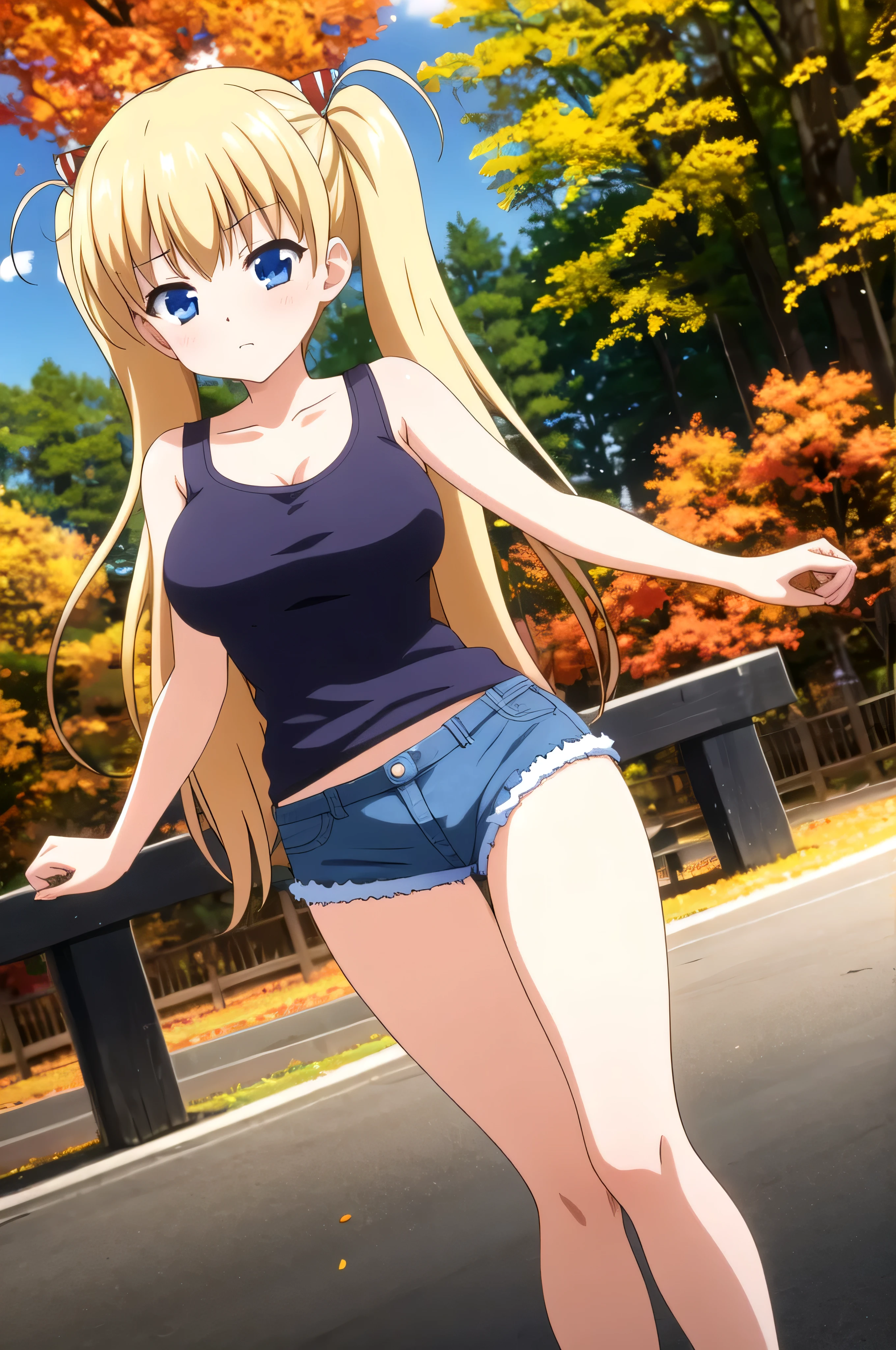 (masterpiece, Best Quality:1.2), absurdities, perfect anatomy, 1 girl, looking at the viewer, blunt bangs, outdoor, autumn, rosa \, ( Denim shorts:1.1), Focus only, Soft lighting, public park, (blue eyes), blonde hair, very long hair, twintails, Airi Akizuki, big breast,