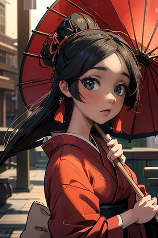 a beautiful geisha with dark skin, green eyes, holding an umbrella, anime style, detailed facial features, intricate kimono pattern, detailed shading and lighting, highly detailed, 8k, photorealistic, cinematic lighting, dramatic lighting, vibrant colors, saturated colors, moody atmosphere, elegant pose