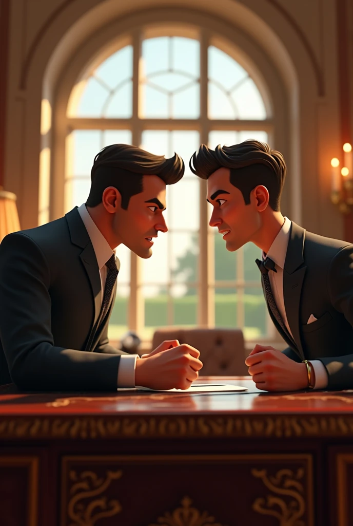 A handsome guy yelling at his rich father at fancy house office, pixar style, 3d , high-aesthetic, cinematic, masterpiece