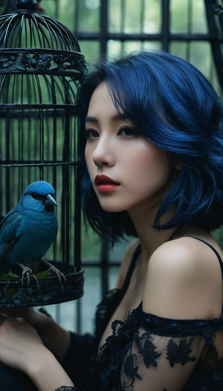 Close up to the lips mage of a shoulder length blue hair beautiful girl sitting on the sofa inside the bird cage, forests of clocks interspersed with forests of thorns, dark, gloomy, mysterious but full of magic, shimmeringly beautiful, in the distance there is a giant birdcage surrounded by climbing black roses, , cinematic color, 16K, UHD, K-Pop Style