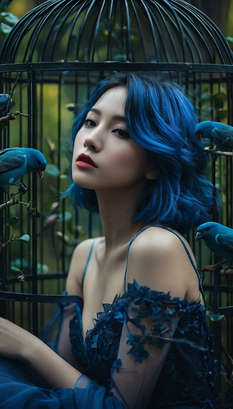 Close up to the lips mage of a shoulder length blue hair beautiful girl sitting on the sofa inside the bird cage, forests of clocks interspersed with forests of thorns, dark, gloomy, mysterious but full of magic, shimmeringly beautiful, in the distance there is a giant birdcage surrounded by climbing black roses, , cinematic color, 16K, UHD, K-Pop Style